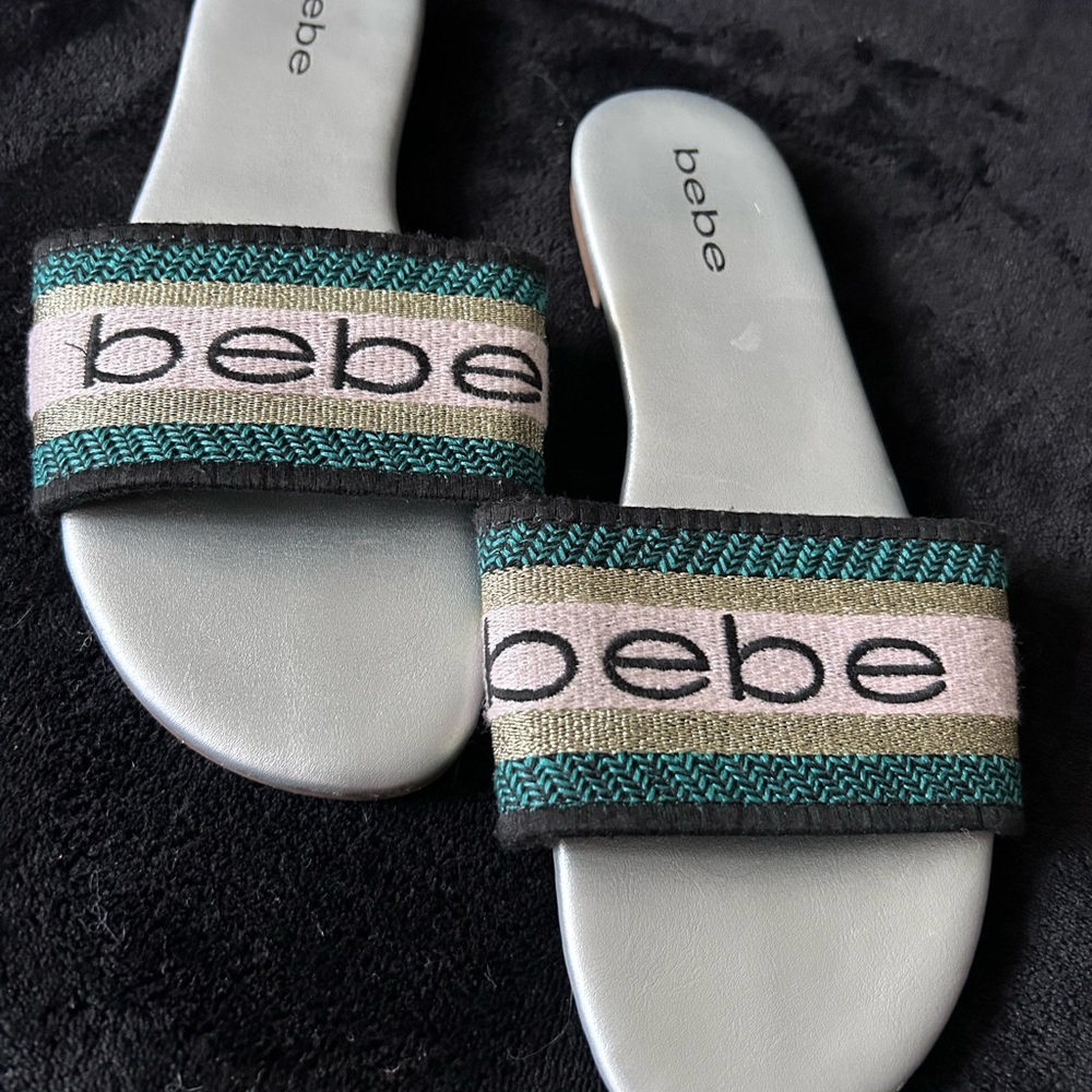 bebe Sandals wth Gold and Green Logo Strap.